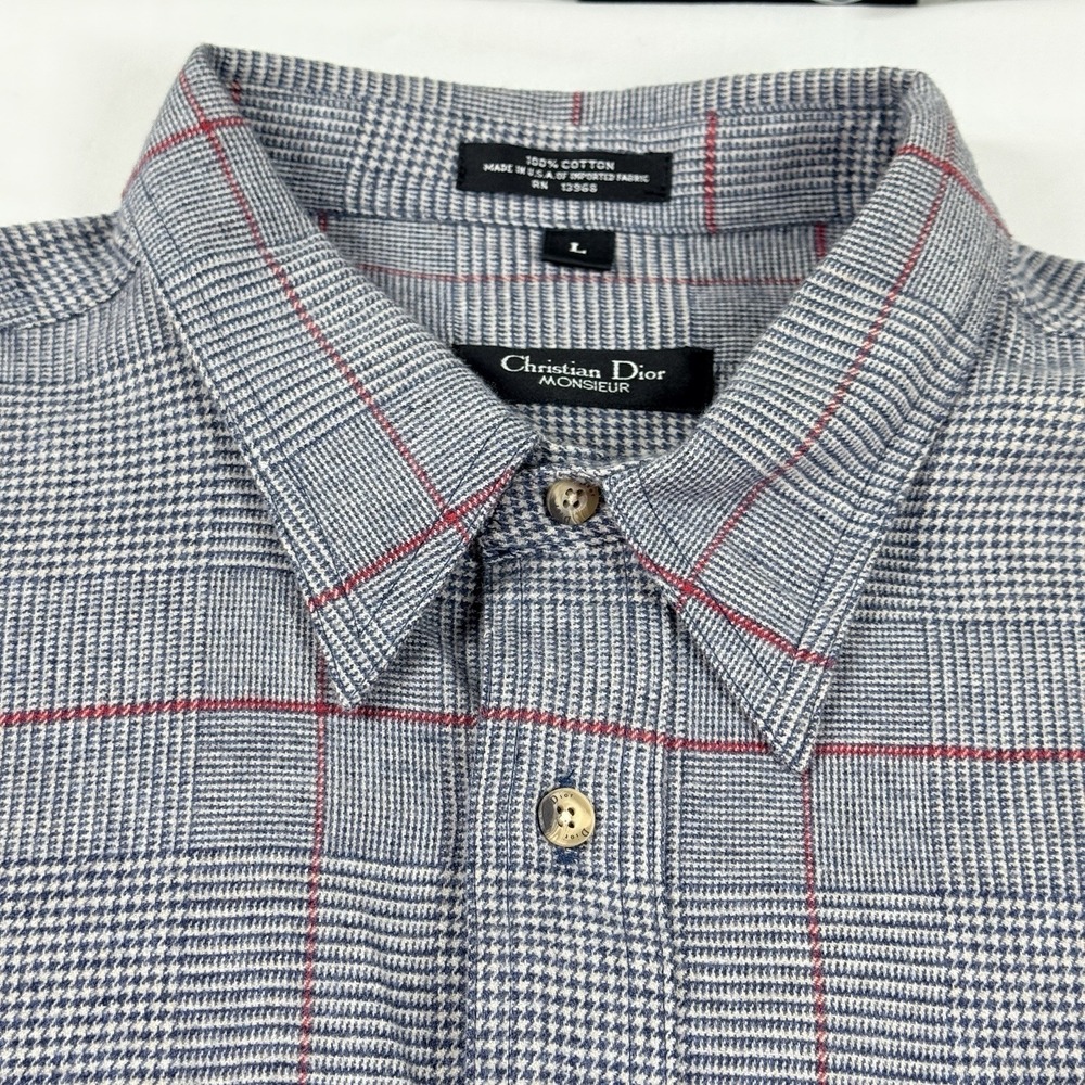 Vintage Christian Dior Monsieur Plaid Shirt Mens L Cotton Button Up USA 90s - Picture 9 of 14